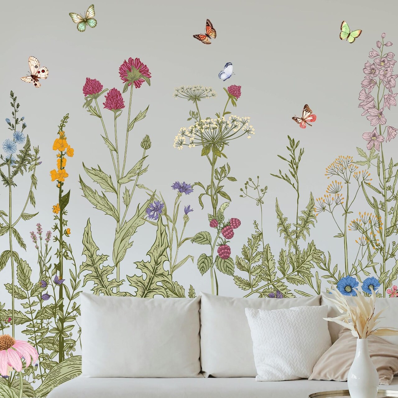 Poppy Flower Wall Stickers Bird Butterfly Wall Decor Decals Peel and Stick Floral